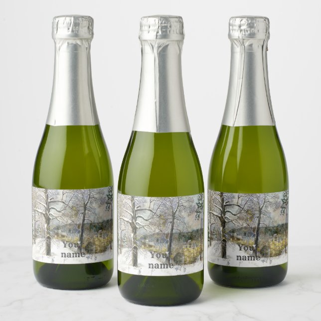 winter bridge Watercolor painting Sparkling Wine Label (Bottles)