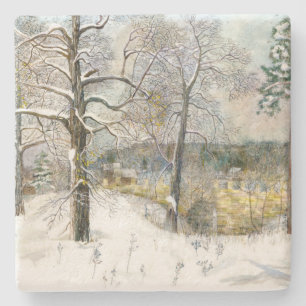 winter bridge Watercolor painting Stone Coaster