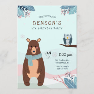 Winter Brown Bear Birthday Party Invitation