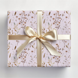 Winter Brown Pretty Flowers and Leaves Pattern Wrapping Paper