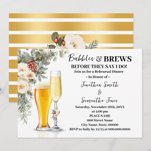Winter Bubbles & Brews Rehearsal Dinner Invitation (Front/Back)