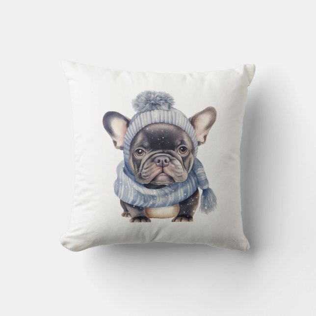 Winter Bulldog Baby in Blue Cap and Scarf Cushion (Front)