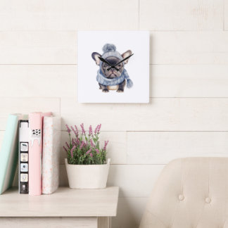 Winter Bulldog Baby in Blue Cap and Scarf  Square Wall Clock