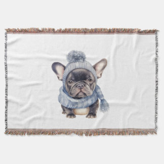 Winter Bulldog Baby in Blue Cap and Scarf  Throw Blanket