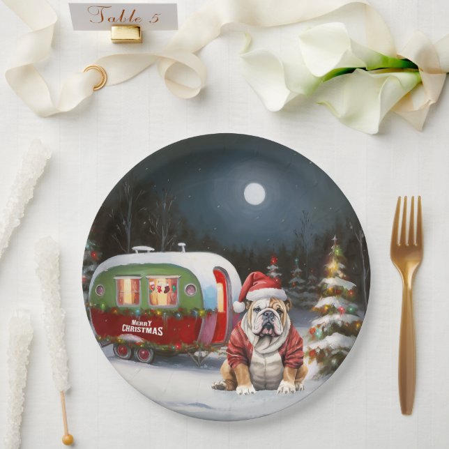 Winter Bulldog Caravan Christmas Adventure  Paper Plate (Wedding)