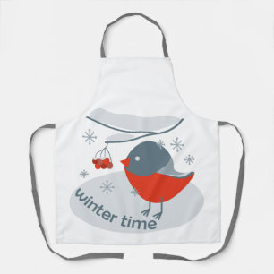 Winter bullfinch bird and red rowan berries apron