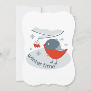 Winter bullfinch bird and red rowan berries card