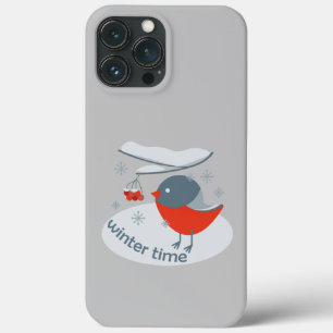 Winter bullfinch bird and red rowan berries iPhone 13 pro max case