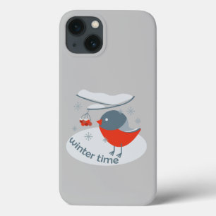 Winter bullfinch bird and red rowan berries iPhone 13 case