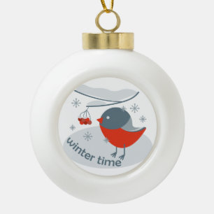 Winter bullfinch bird and red rowan berries  ceramic ball christmas ornament