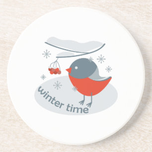 Winter bullfinch bird and red rowan berries coaster
