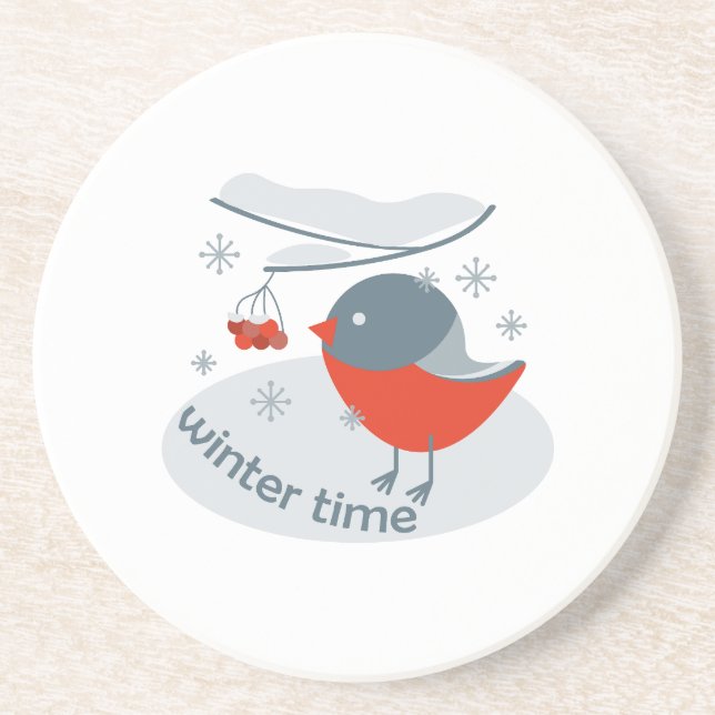 Winter bullfinch bird and red rowan berries coaster (Front)