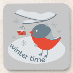 Winter bullfinch bird and red rowan berries coaster