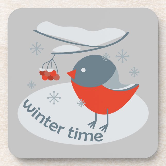 Winter bullfinch bird and red rowan berries coaster (Front)