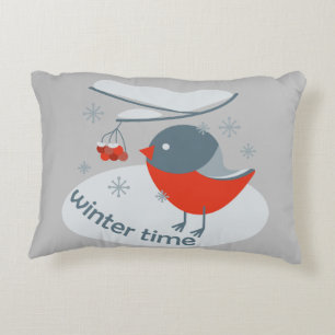 Winter bullfinch bird and red rowan berries decorative cushion