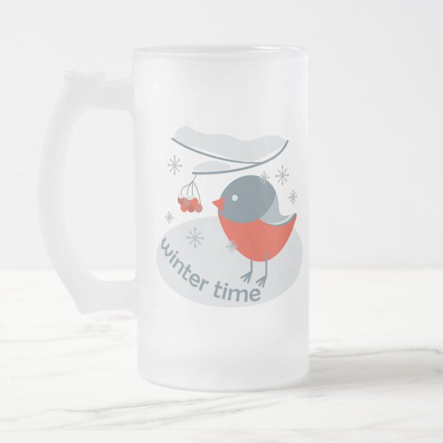 Winter bullfinch bird and red rowan berries frosted glass beer mug (Left)
