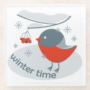 Winter bullfinch bird and red rowan berries glass coaster