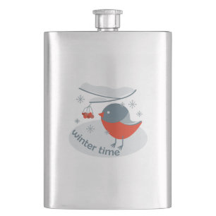 Winter bullfinch bird and red rowan berries hip flask