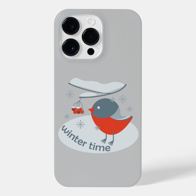 Winter bullfinch bird and red rowan berries iPhone case (Back)