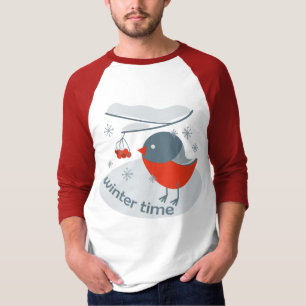 Winter bullfinch bird and red rowan berries  T-Shi T-Shirt