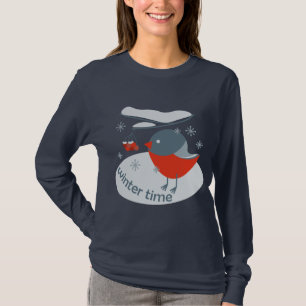 Winter bullfinch bird and red rowan berries T-Shi T-Shirt