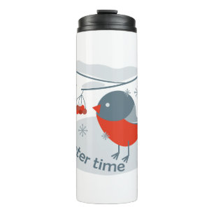 Winter bullfinch bird and red rowan berries thermal tumbler
