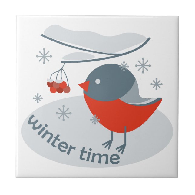Winter bullfinch bird and red rowan berries   tile (Front)
