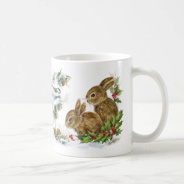 Winter Bunnies and Birds in the Snow Christmas Mug (Right)