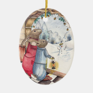 Winter Bunnies Ceramic Tree Decoration