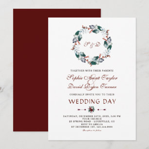 Winter Burgundy Berries Leaves Wreath Wedding Invitation
