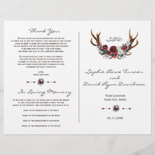 Winter Burgundy Floral Antlers Wedding Program