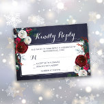 Winter burgundy floral Christmas wedding RSVP Card<br><div class="desc">Elegant winter Christmas wedding invitation response card with red burgundy and white peony roses with seasonal pine green fir branches,  red berries,  and foliage bouquet on a dark midnight navy blue chalkboard background. Perfect for a winter botanical rustic floral Christmas wedding.</div>
