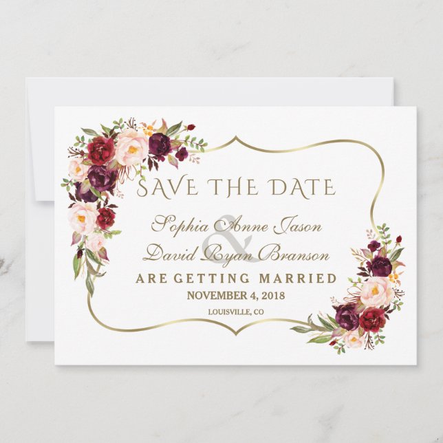 Winter Burgundy Floral Pine Gold Save The Date (Front)