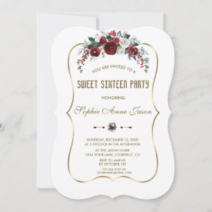 Winter Burgundy Floral Pine Gold Sweet Sixteen Invitation