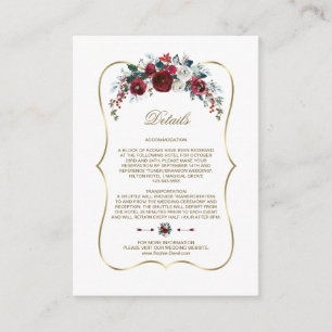 Winter Burgundy Floral Pine Gold Wedding Details Enclosure Card