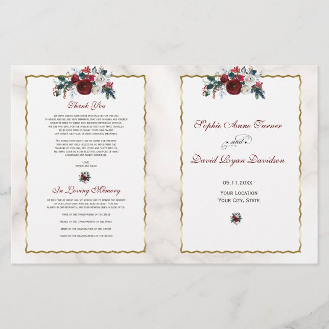 Winter Burgundy Floral Pine Gold Wedding Program (Front)