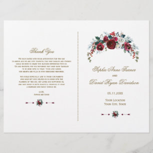 Winter Burgundy Floral Pine Gold Wedding Program