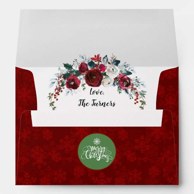 Winter Burgundy Floral Red Glitter Wedding Envelope (Back (Bottom))