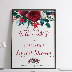 Winter burgundy floral watercolor bridal shower poster
