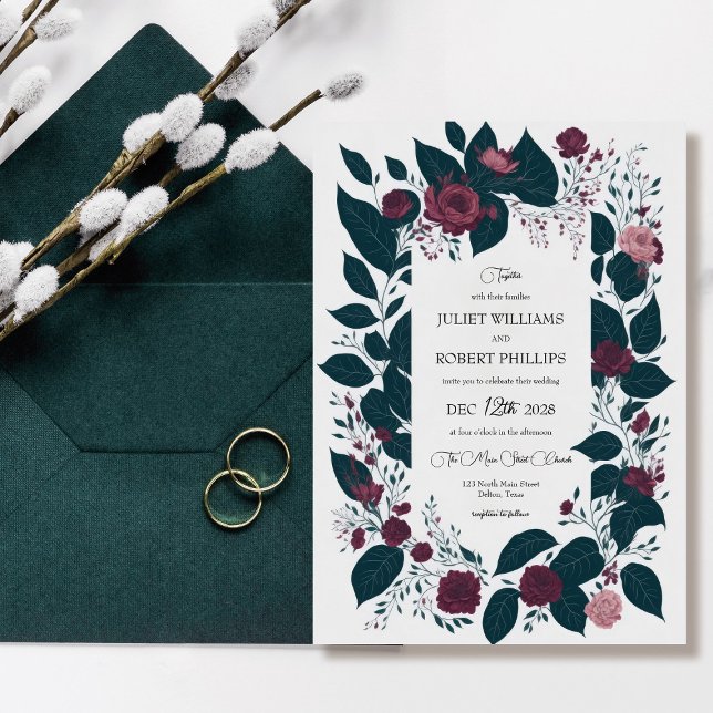 Winter Burgundy Green Floral Leaves Wedding Invitation (Creator Uploaded)