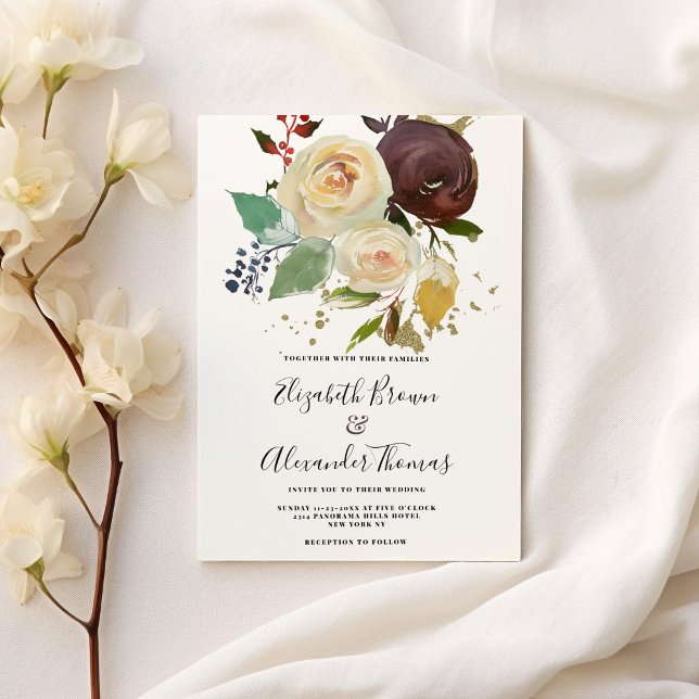 Winter burgundy ivory mint gold floral wedding invitation (Winter burgundy ivory mint gold floral wedding)