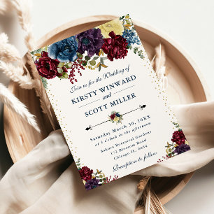 Winter Burgundy, Navy & Gold Floral Wedding Invitation