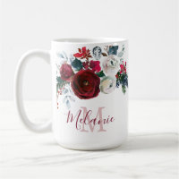 Winter Burgundy Rose Floral Pine Branch Monogram
