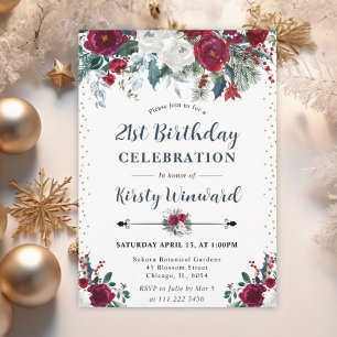 Winter Burgundy & White Floral 21st Birthday Invitation
