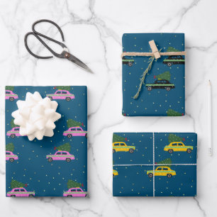 Winter Cab Taxi Fir Tree Pattern Blue Christmas   Wrapping Paper Sheet