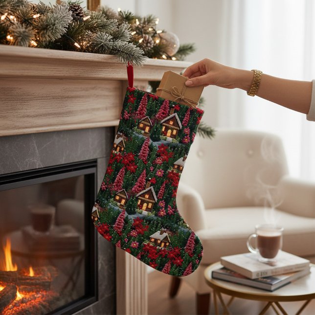 Winter Cabin Christmas Floral Faux Embroidery Small Christmas Stocking (Creator Uploaded)