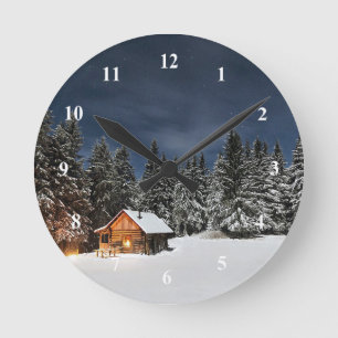 Winter Cabin Christmas Round Clock