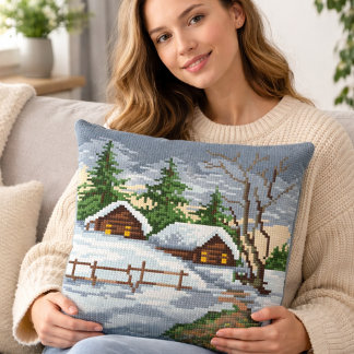 Winter Cabin Cross Stitch Style Throw Pillow