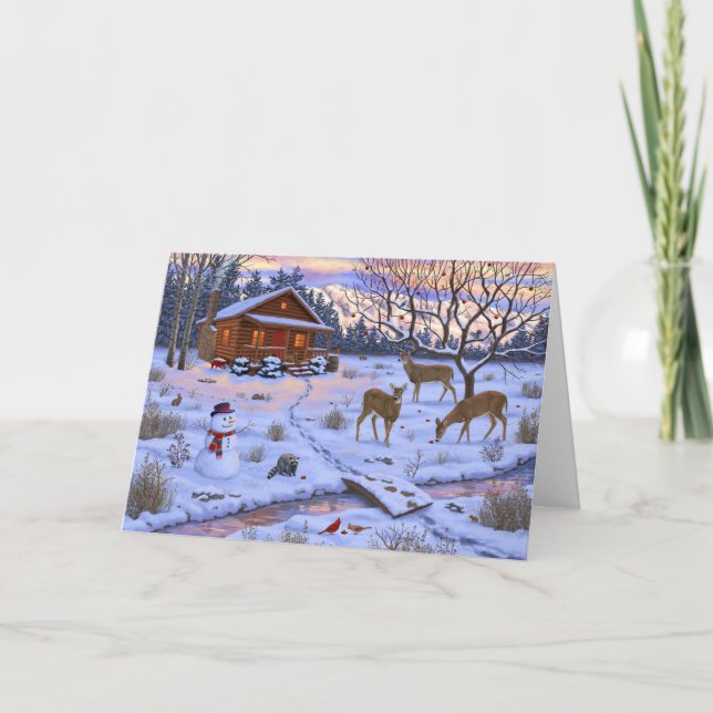 Winter Cabin Deer In Snow Christmas Scene Card (Front)