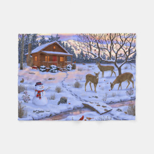 Winter Cabin Deer In Snow Christmas Scene Fleece Blanket